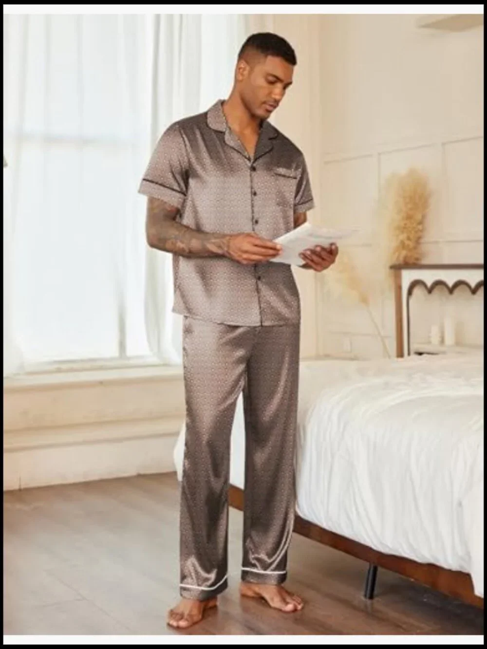 Men's Satin Pajama Set Short Sleeve Button Down Sleepwear Lounge Set